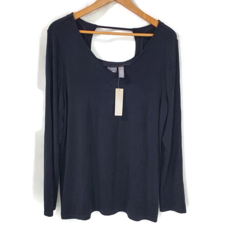 New Chicos Travelers Open Back Detail Top Long Sleeve Stretch Slinky Black Sz 3